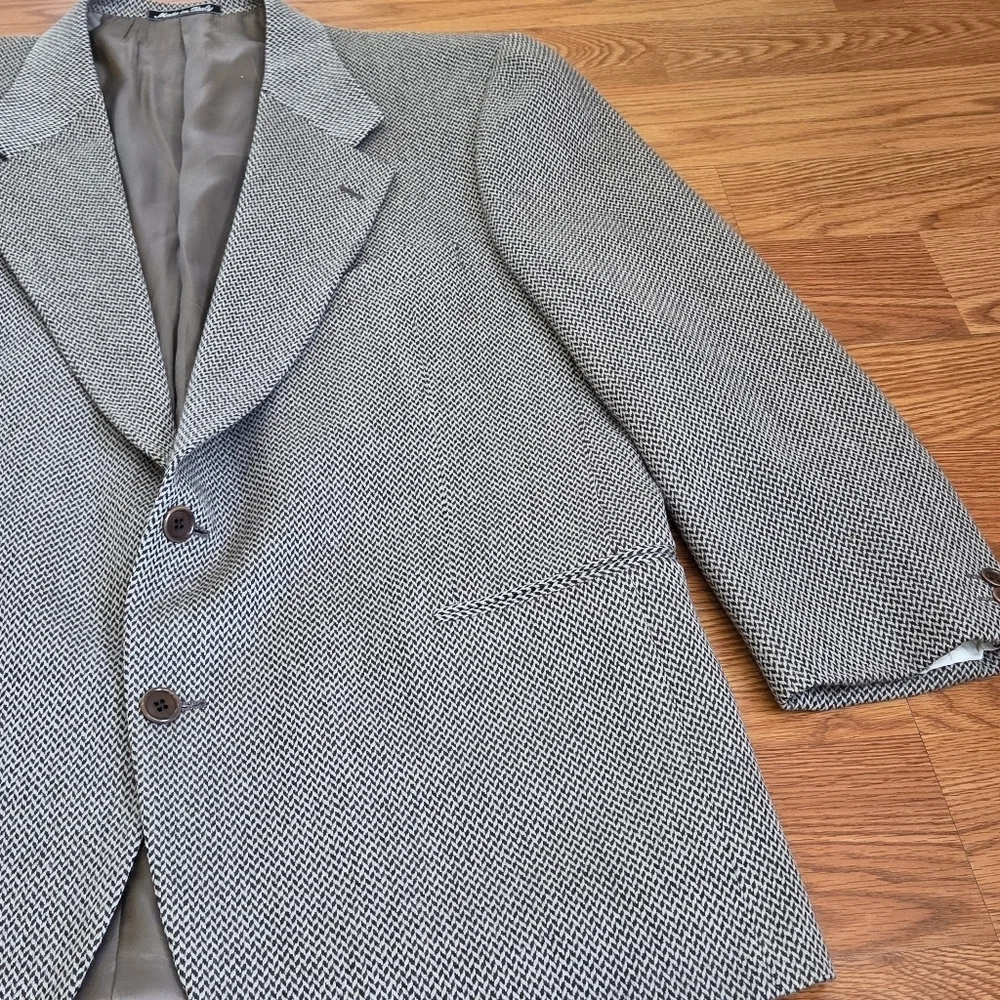 Vintage Valentino Uomo 44R Gray Black Herringbone Pure Wool Blazer Made in Italy
